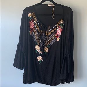 Floral embroidered black jersey boho top